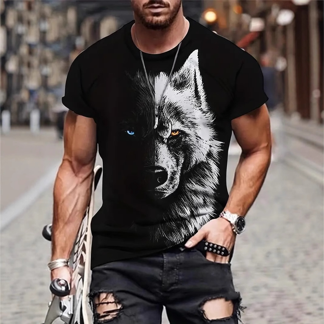 Camiseta transfronteriza de cuello redondo de manga corta transpirable de malla suelta de los hombres con estampado 3D de lobo oscuro