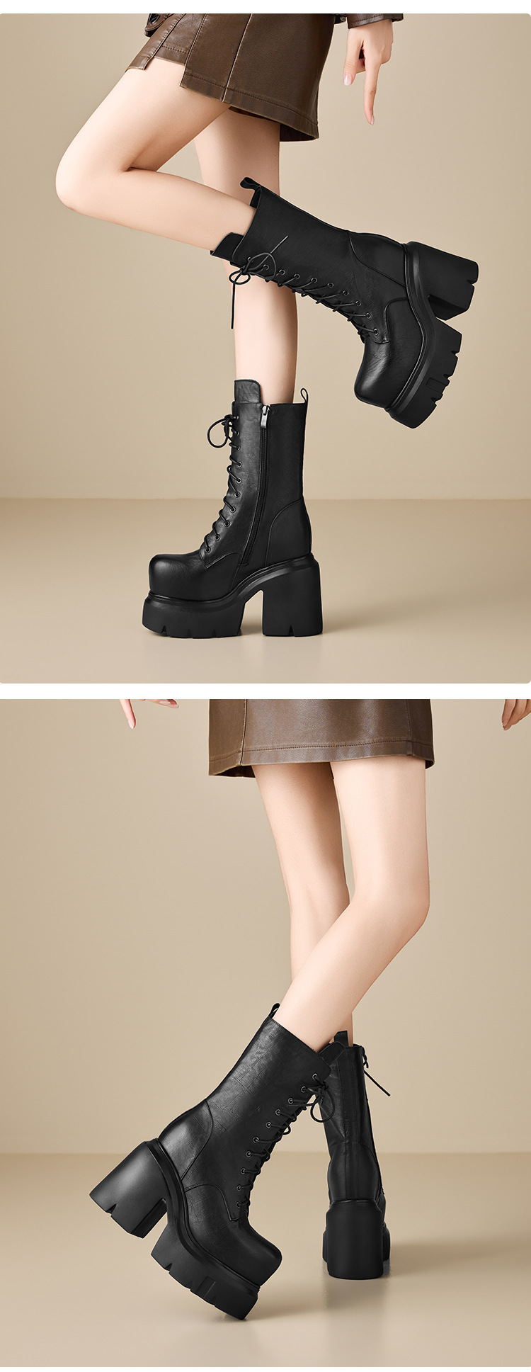 Boot nữ da mềm mũi tròn gót thô đế dày dây buộc cao 14 cm — Đen nhung chi tiết 6