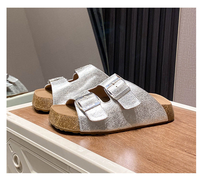 Dép sandal nữ quai ngang khóa cài cổ điển đế dày, mũi vuông, đi ngoài — Màu bạc, Màu mơ chi tiết 4