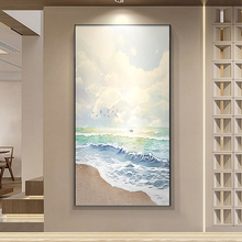 雪川治愈系海景大芬村油画手绘入户玄关装饰画竖版立体画肌理挂画
