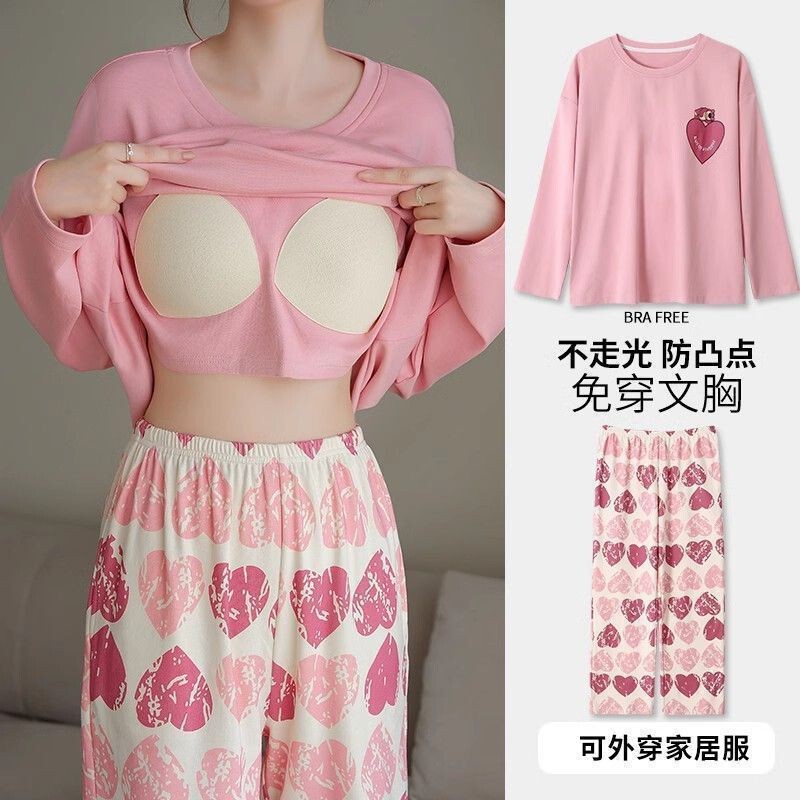 Pajamas Women's Spring and Autumn Long Sleeve Sweet Cartoon Student Dormitory with Chest Pad Integrated plus size Loose suit Home Clothes Pajamas Women's Spring and Autumn Long Sleeve Sweet Cartoon Student Dormitory with Chest Pad Integrated plus size Loose suit Home Clothes
