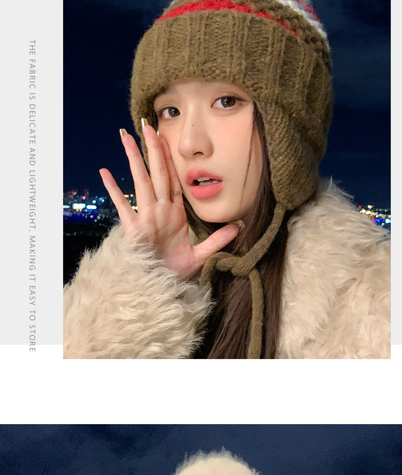 New Retro Fair Isle Style Warm Thickened Fleece-Lined Winter Knitted Hat, Cold-Proof Ear Protection, Tie-Up Wool Hat_voghion.com