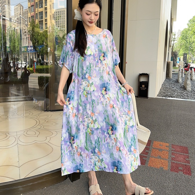 新しい綿シルクドレス半袖花柄レディースロングルーズスタイル春、秋、夏は大きいサイズのドレスの外で着用できます|undefined
