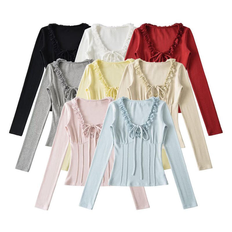 Ap26008-26 Spring Korean Style Slim Fit V-Neck Macaron Color Lace Long-Sleeved Pullover T-Shirt Base Shirt Ap26008-26 Spring Korean Style Slim Fit V-Neck Macaron Color Lace Long-Sleeved Pullover T-Shirt Base Shirt