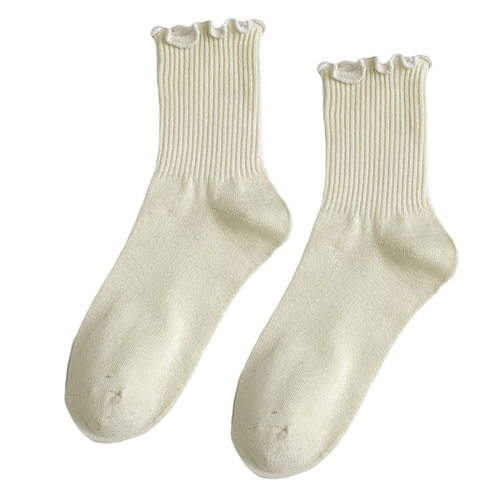 Women's Black and White Mushroom Edge Mid-Calf Socks, Thin, Comfortable, Breathable, Simple and Versatile, Wholesale