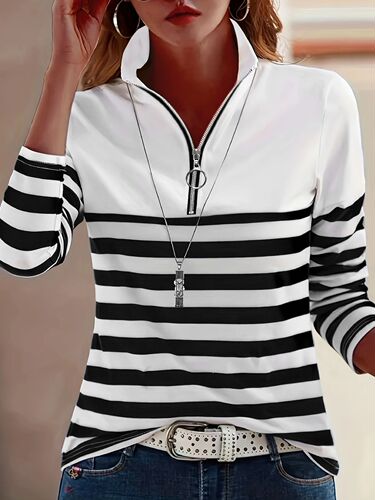 Women's striped half-zipper stand-collar hoodie long-sleeved multicolored casual fashion commuting daily all-matching loose top