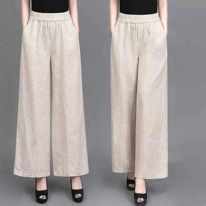 Широкие брюки из хлопка и льна для женщин, новые летние свободные льняные женские брюки, драпированные тонкие повседневные прямые длинные брюки с высокой талией для женщин.