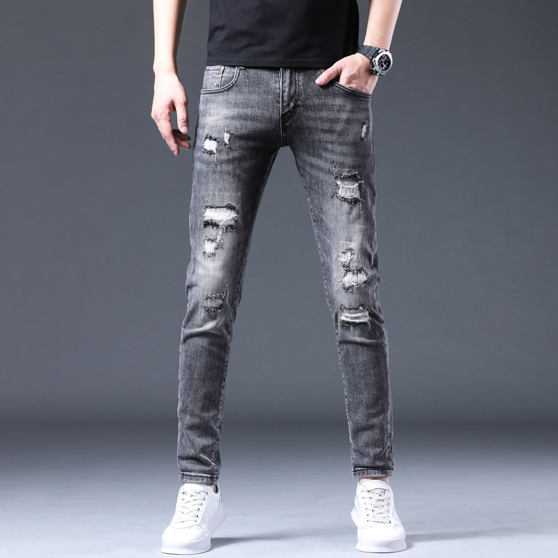 Spring and Autumn Ripped Jeans Men's Patch Cotton Casual Trendy Men's Jeans Youth Stretch Slim-Fit Jeans Men's Small Feet