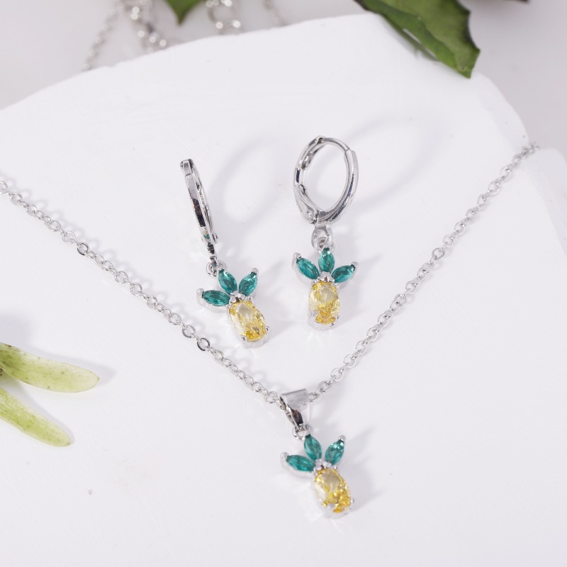 Fruit Earring Necklace Set Colorful CZ Zircon Earrings Grape Cherry Piercing Jewelry Gold detail image 22
