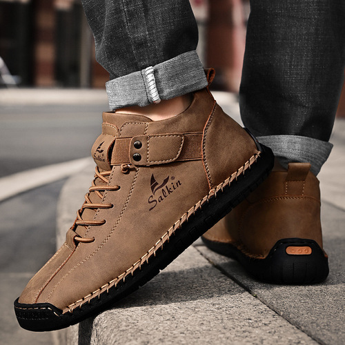 Autumn/Winter New Arrival Plus Size Short Boots Men's Hand-Stitched Leather Shoes Foreign Trade Leisure Cross-border Martin Boots Men's Lazy Shoes