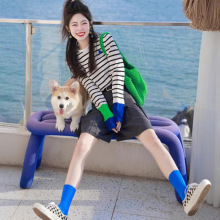 春装新款羊毛针织衫圆领T恤女上衣拼色袖子经典休闲条纹套头长袖