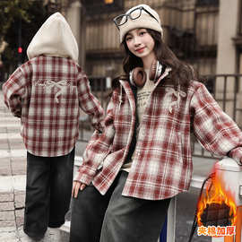 女童夹棉外套冬季2025新款儿童洋气休闲加厚保暖格子衬衫连帽风衣