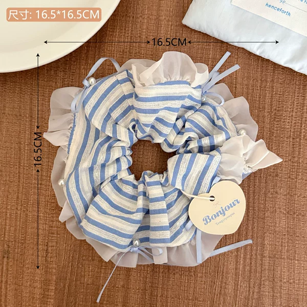 2# Blue striped lace edge pearl hair ring