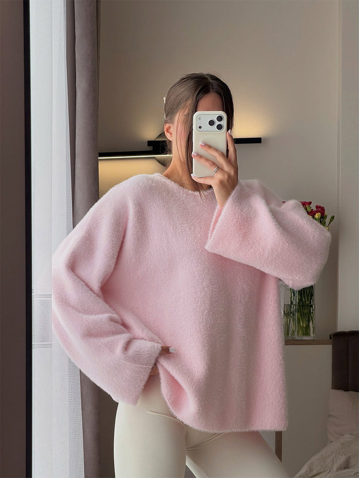 Áo len nữ cổ tròn dáng rộng chất liệu giả lông chồn mềm mại tay dài — màu hồng, màu vàng, trắng
