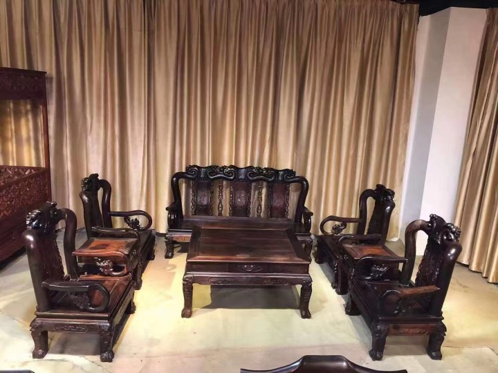 老挝红酸枝巴里黄檀客厅雕花沙发宝座组合仿古典新中式红木家具
