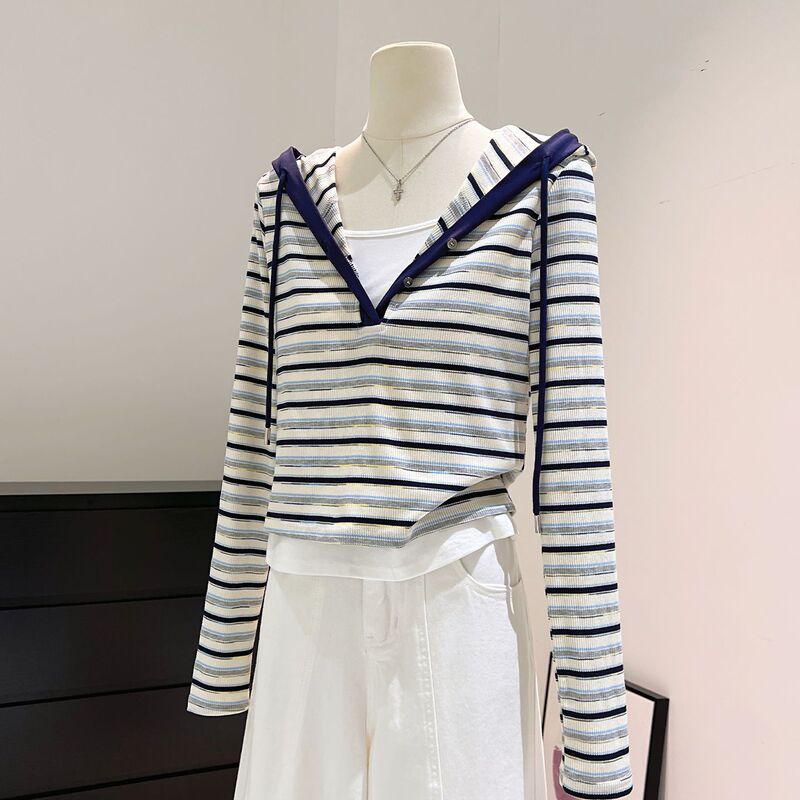 Striped Hooded T-Shirt Women's 2026 New Spring Color-Blocking Stylish Short Top with Faux Two-Piece Design Base Shirt