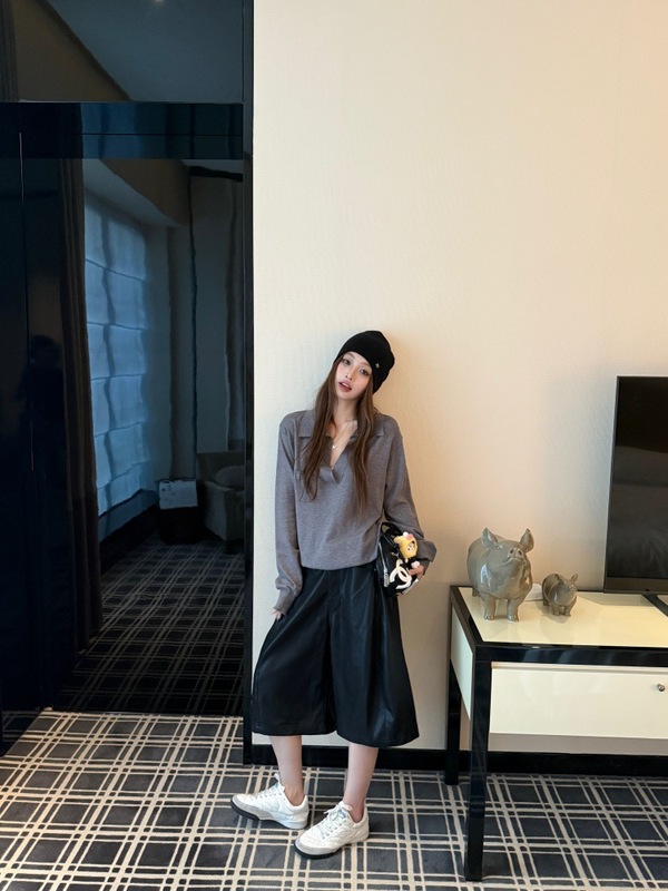 灰色polo长袖上衣针织衫美式七分阔腿休闲皮裤女2025秋季新款套装|undefined