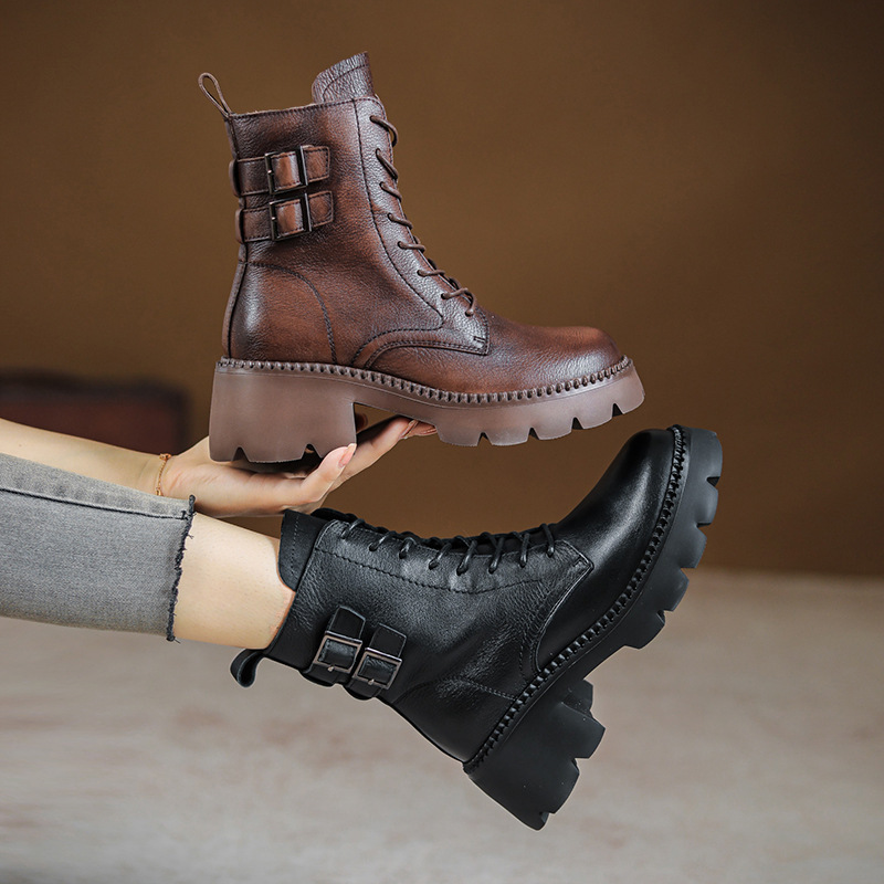 [Special Offer] British Style Belt Buckle Genuine Leather Martin Boots with Cotton Padding, Mid-Calf Boots, Thick Sole, Vintage Cowhide Ankle Boots