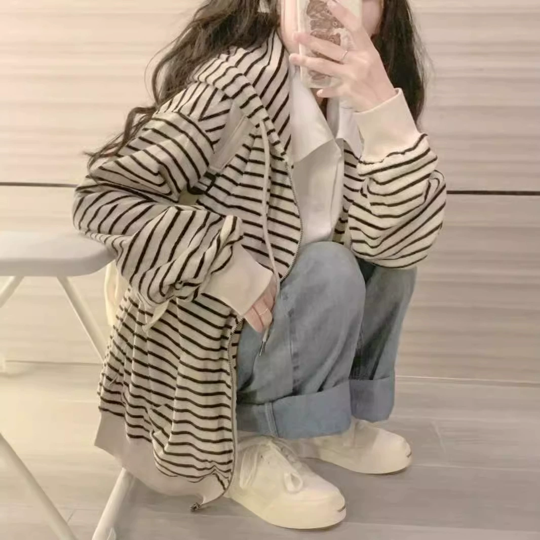 Hong Kong Wind Chic супер красивый полосатый свитер с капюшоном