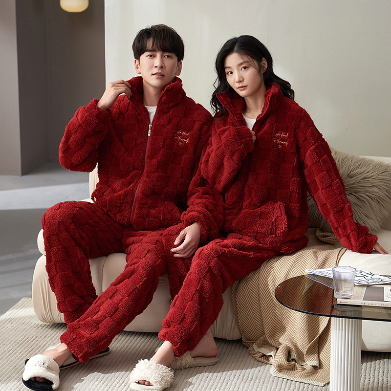 Pijamas de pareja de invierno de las mujeres de coral de lana collar de pie estilo deportivo ligero se puede usar fuera de forro polar engrosada homewear traje de manga larga