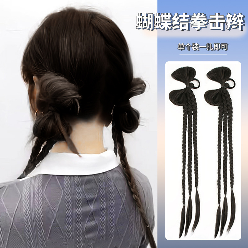 Y2k Spice Girls Fluffy Natural Boxing Braids Ponytail Wig Braids Children's Ponytail Net Red Spice Girls Bow Twist