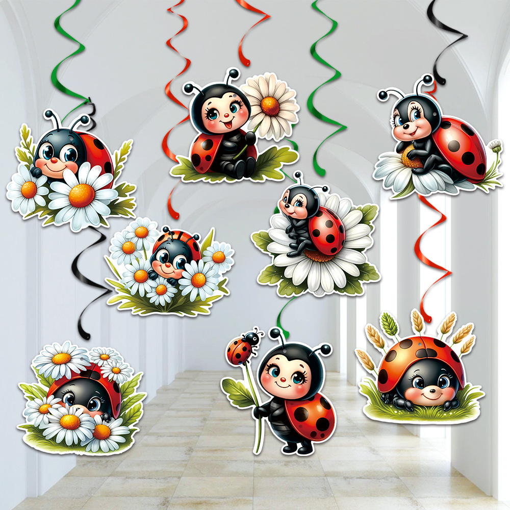 Nuevo producto transfronterizo decoración temática de insectos colgante en espiral decoración de fiesta de cumpleaños de mariquita de siete estrellas colgante en espiral