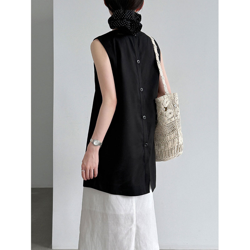 Luxi French Minimalist Style Tencel Back-Buttoned Mid-Length Blouse for Women, Summer 26, Sleeveless Commuter Top 5238
