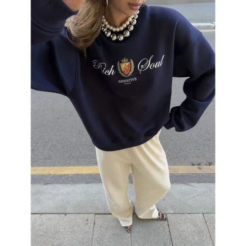 European and American Style Autumn/Winter Casual Versatile Loose Fleece Lined Thick Fashion Print Hooded Crew Neck Sweatshirt for Women