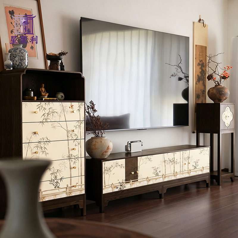 Song Dynasty aesthetic solid wood TV cabinet with light bamboo, ancient painting, and decorative details, combined living room cabinet with Zen-inspired storage and flower rack