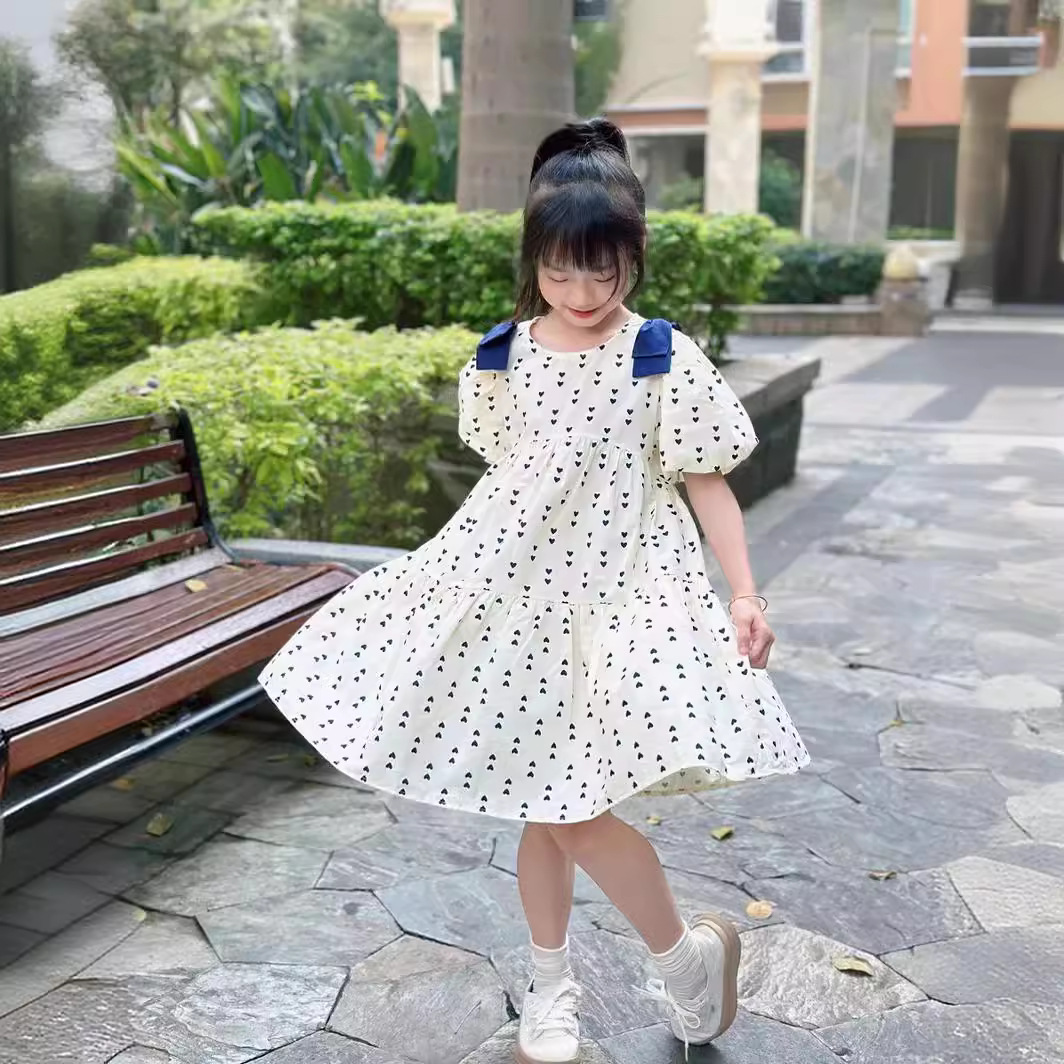 Girls' Dress, Puff Sleeves, Summer Korean Style, Medium and Large Kidsren's Clothing, Girls' Summer Style Pure Cotton Princess Skirt