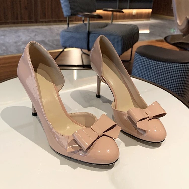 Nude High Heels Women's Stiletto Heels 2025 Spring & Fall New Style Bow Round Toe Ladies High-End Side Hollow Patent Leather Shoes
