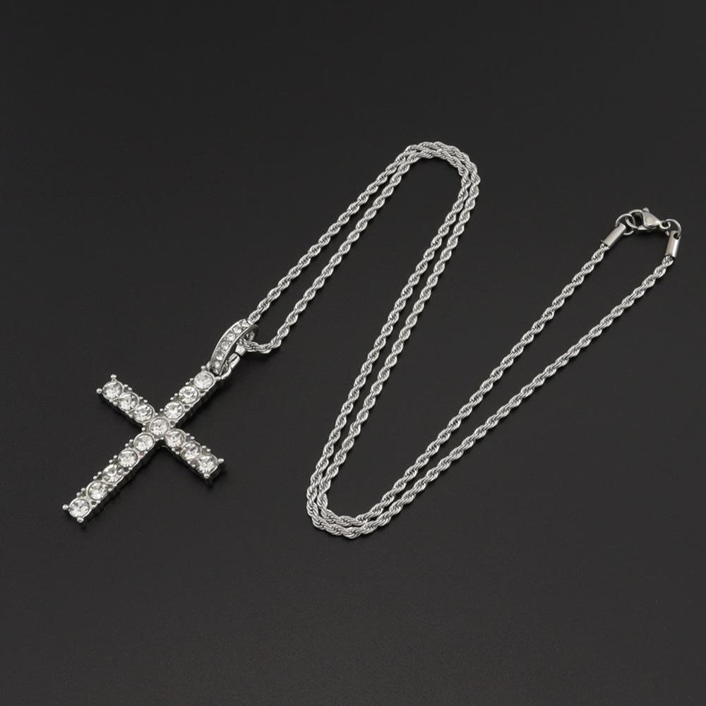 10g Weight Alloy Pendant Material Rhinestones Inlay Material Pendant Necklace Classification Alloy Chain Material Tennis Chain Chain Type Street Occasion Alloy Material Cross Pattern Unisex Gender Retro, Punk Style Ornament Simple  Style Full Diamond Single Row Diamond Tennis Chain Men's And Women's Big Cross Pendant Necklace 2