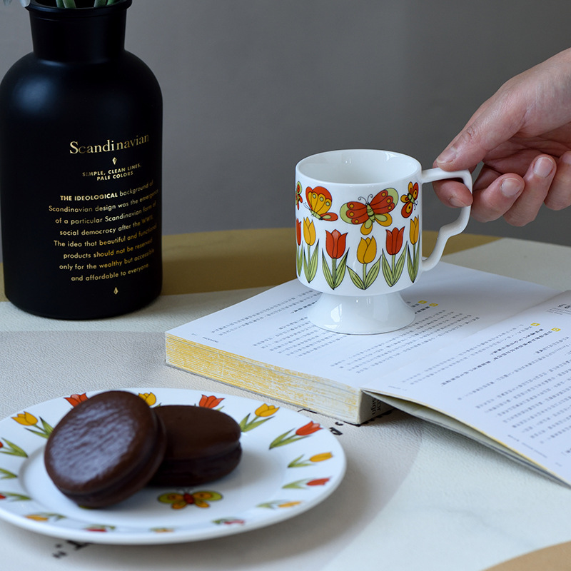 French Retro Tulip Ceramic Cup Creative Butterfly Paradise Dinner Plate Home Breakfast Tableware Coffee Cup Snack Plate