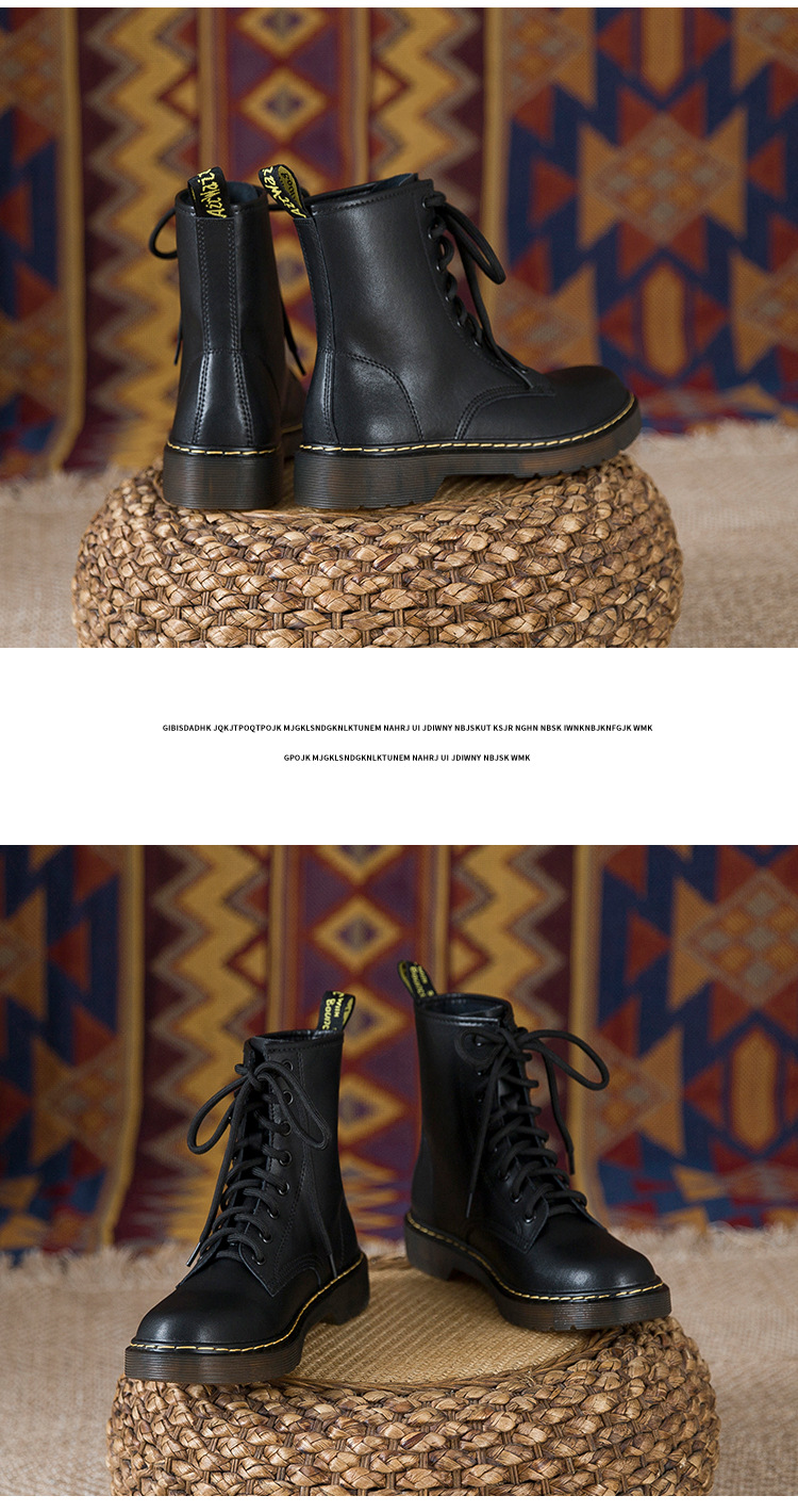 Bottes de moto courtes Martin noires en cuir véritable à lacets à huit et six trous de style britannique pour femmes_voghion.com