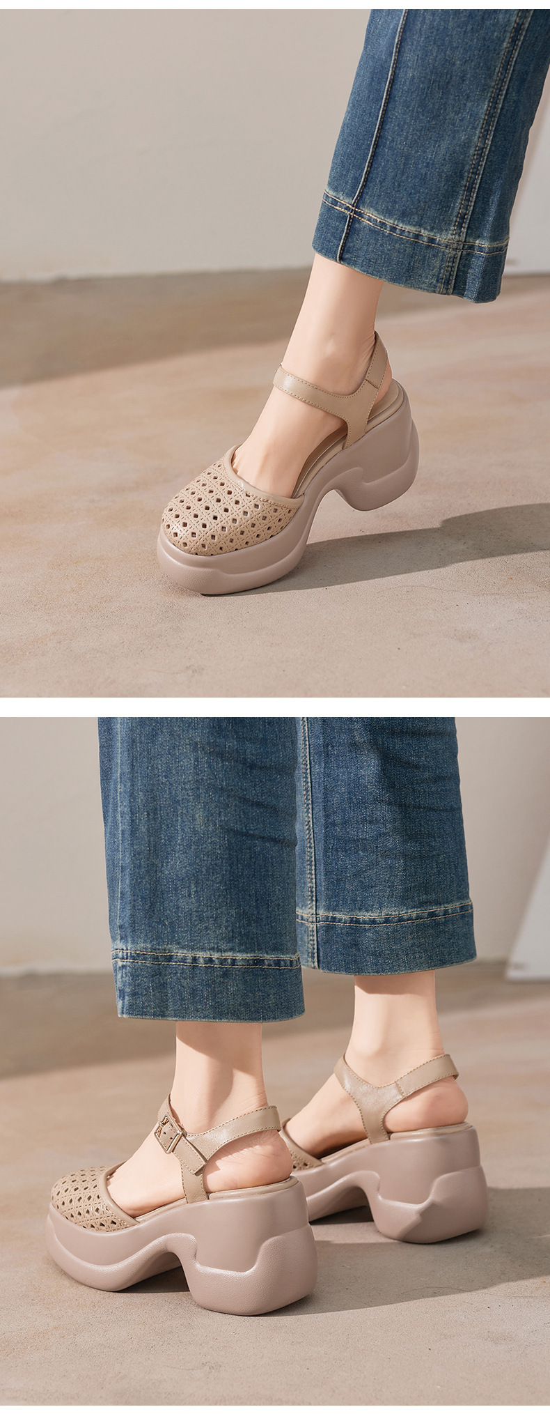 Sandal cao gót nữ mũi kín quai ngang gót 9 cm phong cách La Mã — màu trắng ngà, màu mơ chi tiết 7