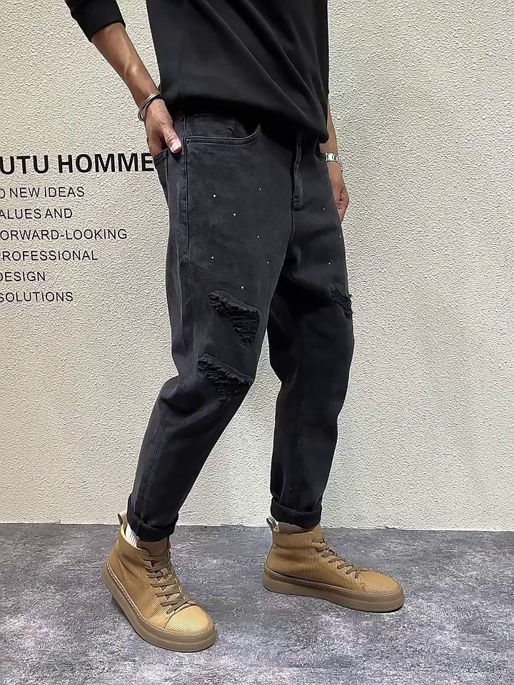 Casual Scratched American High Street Style Loose Wide-Leg Pants For Women Men, Autumn Black And Gray Trendy_mkmklike.com