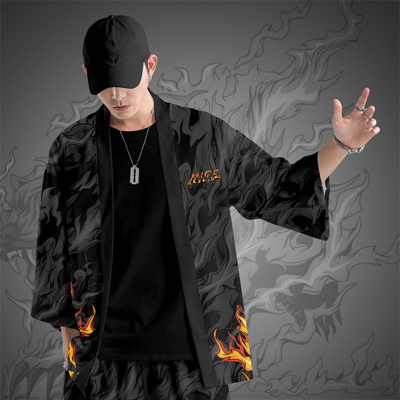 New national fashion robe sun protection clothing kimono National style three-quarter sleeve cardigan shirt summer Japanese black leopard flame feather woven