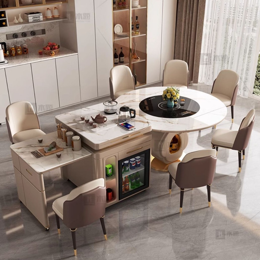 Mesa de mesa de isla de roca Mesa de comedor retráctil Mesa redonda para el hogar Mesa giratoria inteligente minimalista moderna Combinación de mesa y silla de té multifuncional de lujo ligero