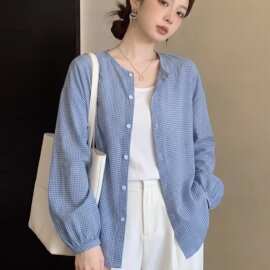 大码微胖蓝色格子长袖防晒衬衫外套女夏季薄款宽松外搭开衫上衣