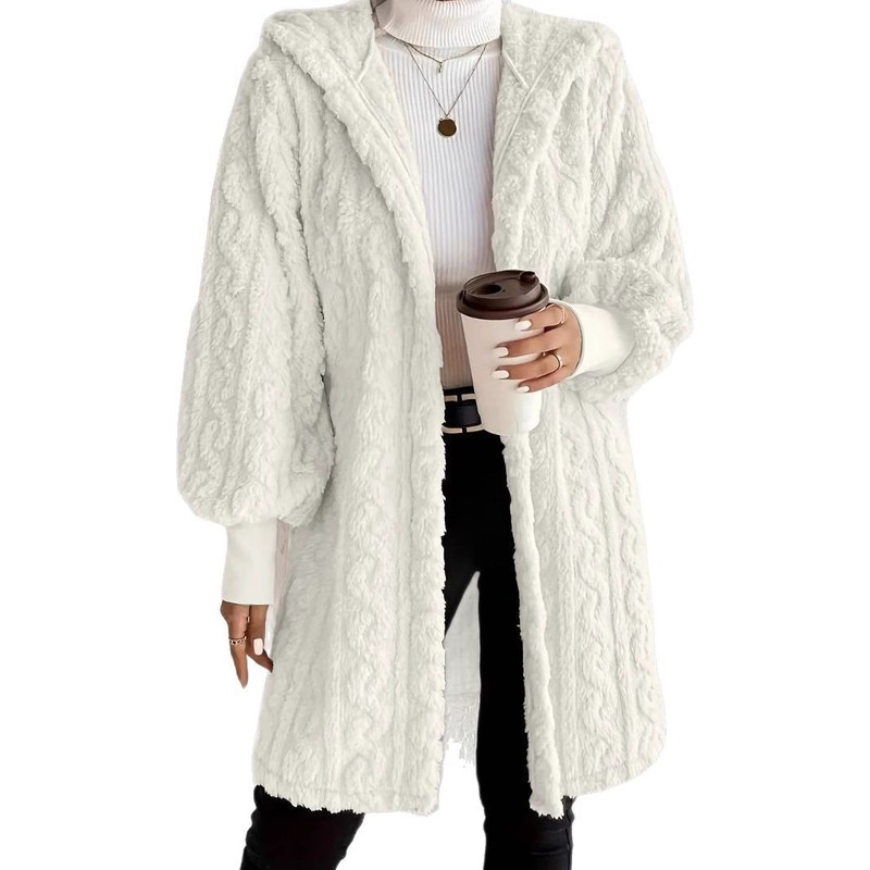 速売通Wish ebay 2025秋冬欧米の女性服の純色の長袖の帽子のゆったりした毛の羽毛の上着の女性|undefined