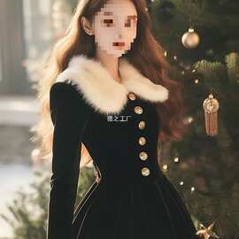 加绒加厚富家千金感穿搭超好看法式赫本风黑色金丝绒连衣裙女秋冬