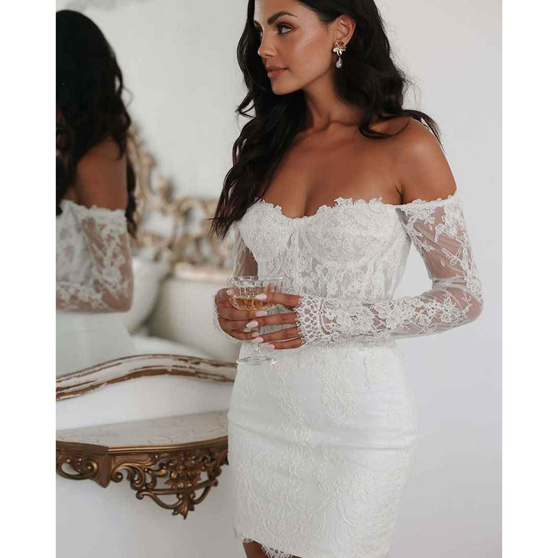 Amazon cross-border off-shoulder light wedding dress, lace high-end engagement gown, slim-fit, figure-flattering, long-sleeved bridal dress Amazon cross-border off-shoulder light wedding dress, lace high-end engagement gown, slim-fit, figure-flattering, long-sleeved bridal dress