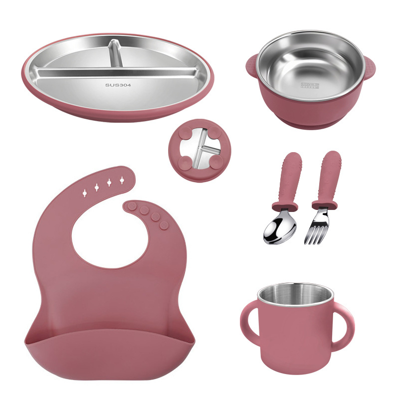 Placa de comedor de acero inoxidable para niños, taza de agua de silicona binaural, taza para beber para bebés de grado alimenticio