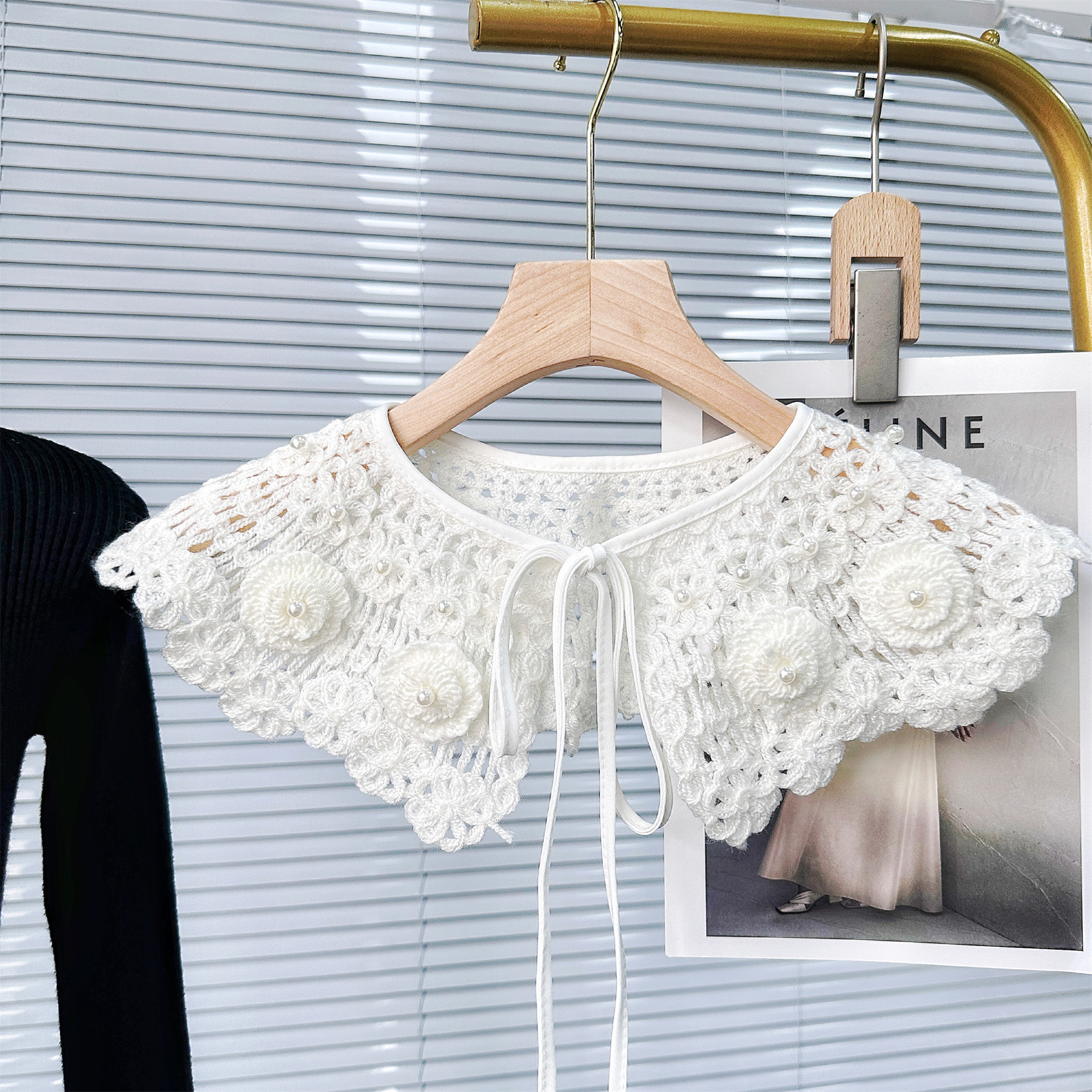Ventas directas de invierno y otoño lana chalelas de lazos de cuello falso cuentas de clavos huecos vestidos de encaje suéter image 8