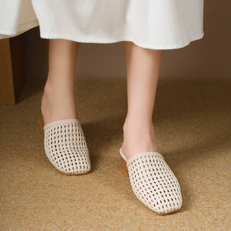 Женские сандалии с сетчатым носком ручной работы, французские универсальные полусапожки на высоком каблуке с квадратным носком и полой верхней частью.