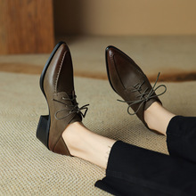 系带小皮鞋2025秋季新款女鞋粗跟中跟低帮鞋尖头英伦风深口单鞋女