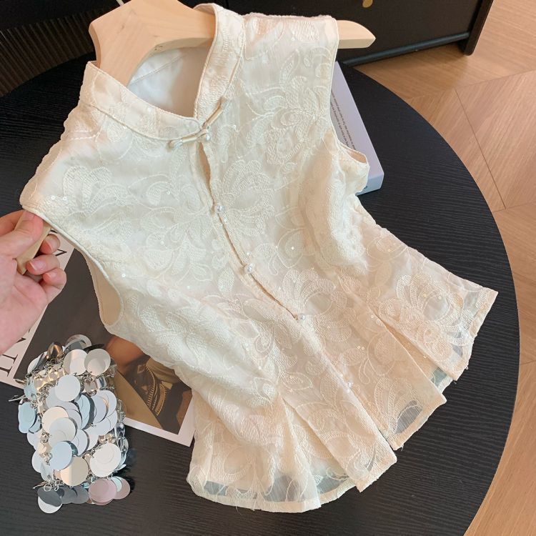 Summer New Style New Chinese Embroidery Sleeveless Shirt Women's Waist-Cinching Petite Short Style Versatile Top