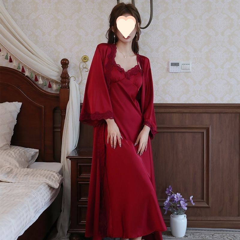 French Palace Style Pajamas for Women Spring and Autumn Ice Silk Red Festive Zodiac Year Bride Dressing Gown Large Size Nightgown French Palace Style Pajamas for Women Spring and Autumn Ice Silk Red Festive Zodiac Year Bride Dressing Gown Large Size Nightgown