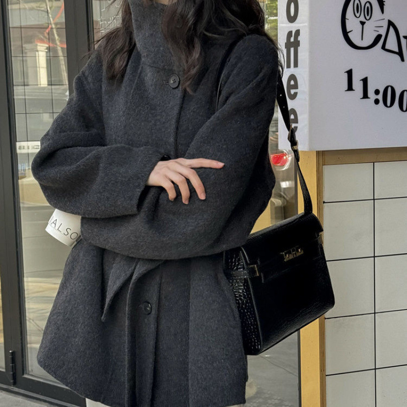 立领黑色双面羊绒大衣女小个子2025秋冬显瘦气质羊毛呢外套中长款