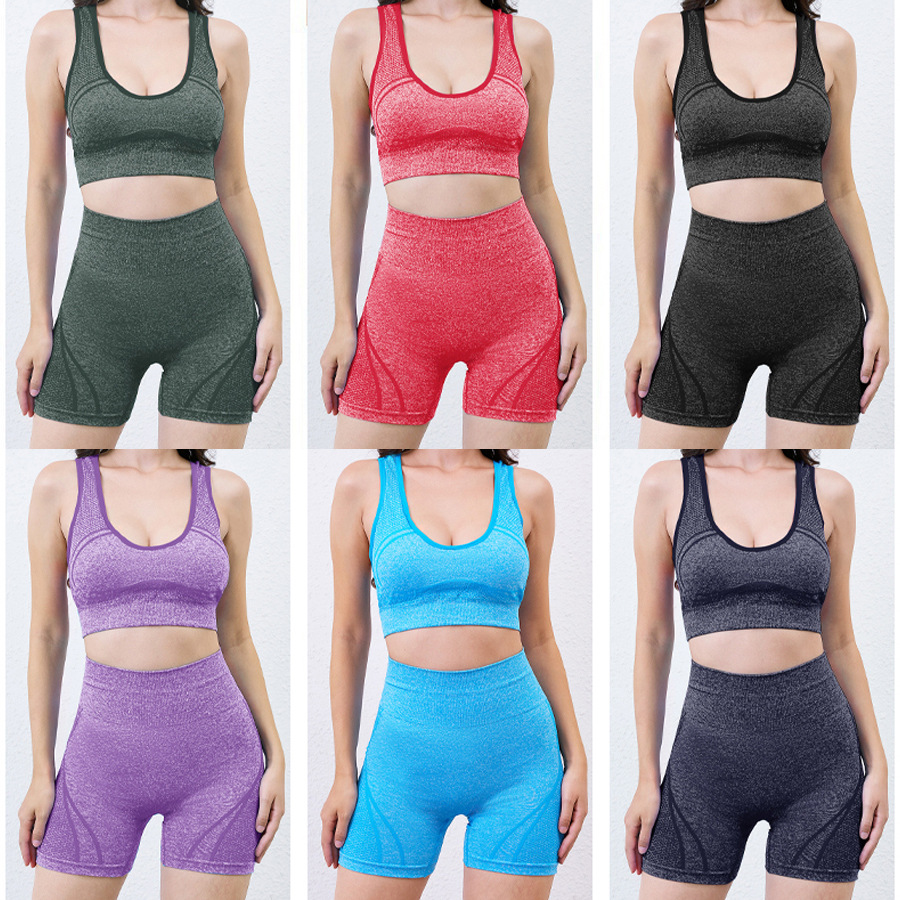 Traje de ropa de yoga de estilo deportivo transfronterizo, tejido sin costuras, abdomen elástico transpirable, levantamiento de caderas, cintura alta, mujeres de fitness de verano